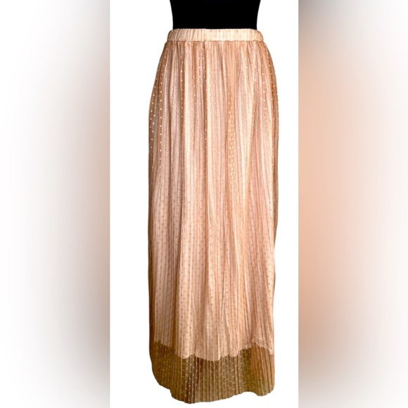 Neutral Pleated Polka Dot Sheer Lined Tulle Casual Maxi Skirt Women’s Size M - Picture 4 of 8